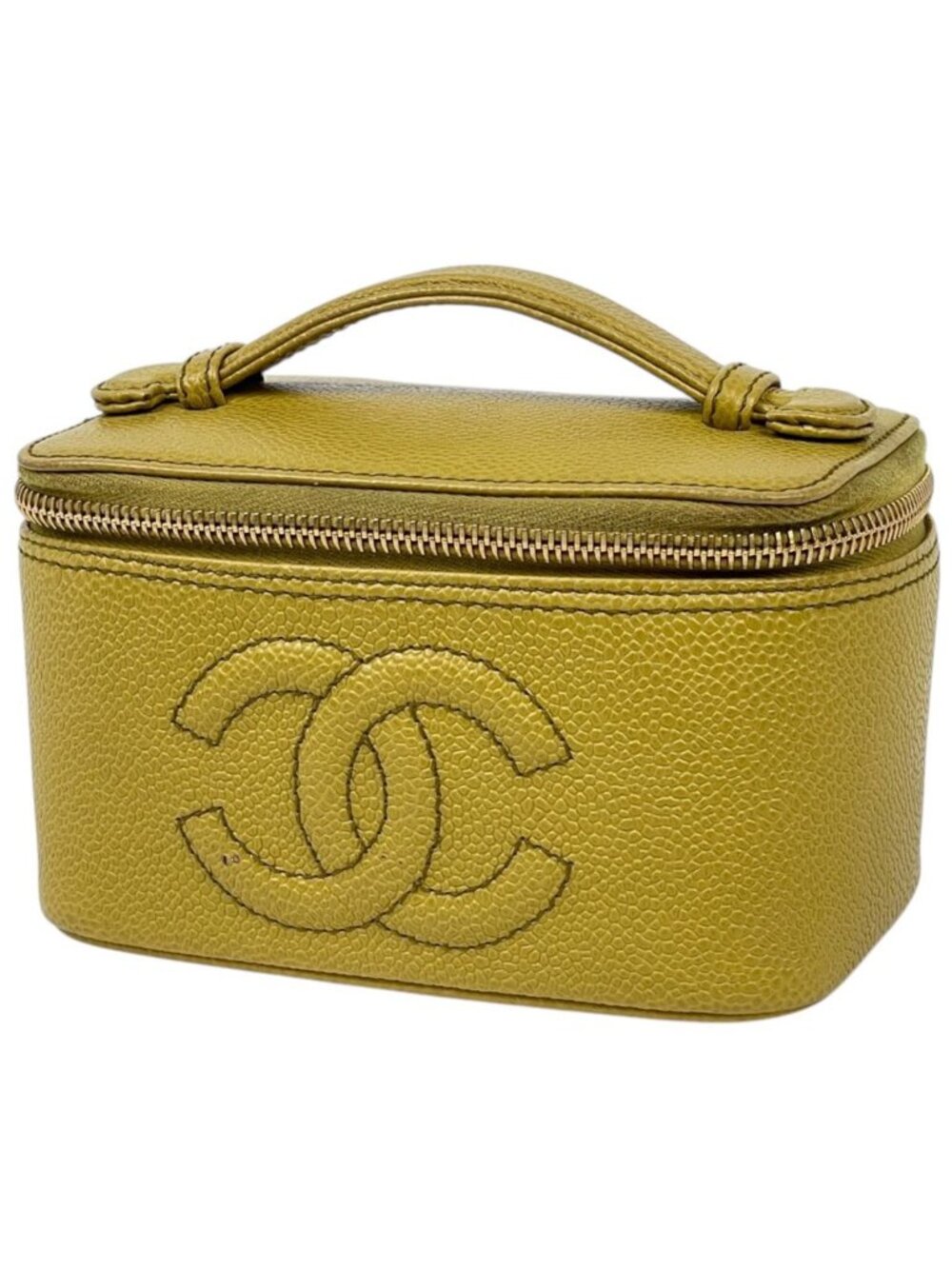 Chanel Makeup Pouch CC Logo Vanity Mirror Caviar Leather Yellow